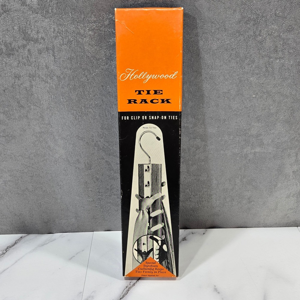 Vintage Hollywood Tie Rack CL-66 Wood Grain Metal Clip Snap-On Tie Hanger Boxed